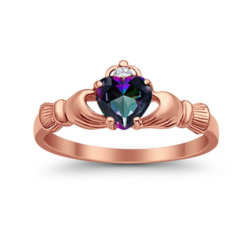 Heart Shape Rose Tone, Simulated Rainbow CZ Claddagh Wedding Ring 925 Sterling Silver
